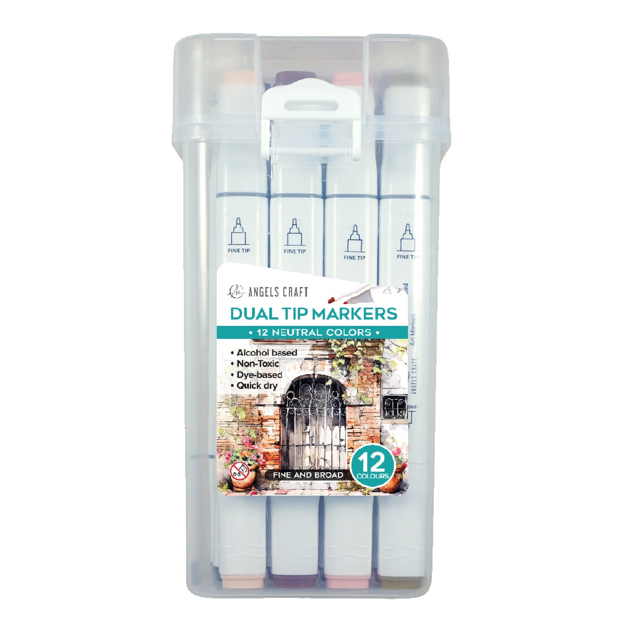 Angels Craft 12-Piece Set of Alcohol Dual Tip Markers Includes Reusable Plastic Storage Case